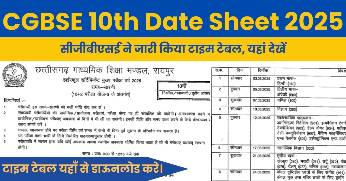 CGBSE 10th Date Sheet 2025: सीजीबीएसई ने जारी किया टाइम टेबल, यहां देखें